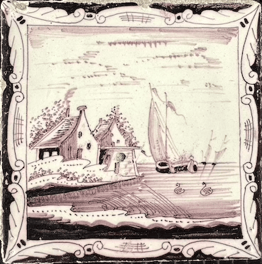 Antieke tegel C12 schilderij lijst tegel landschap - 18e-eeuws.