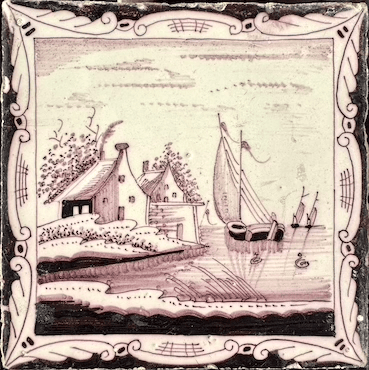 Antieke tegel C14 schilderij lijst tegel landschap - 18e-eeuws.