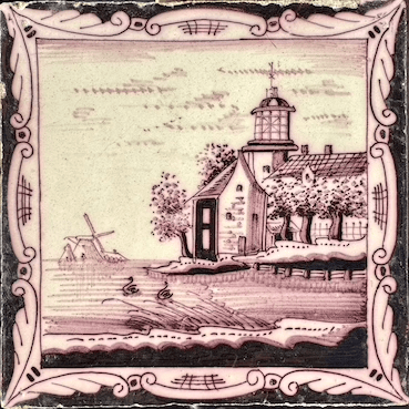 Antieke tegel C15 schilderij lijst tegel landschap - 18e-eeuws.