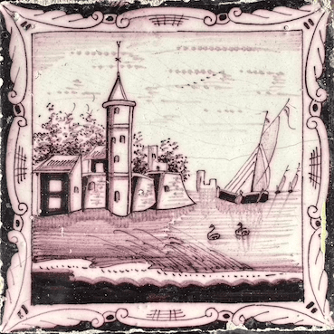 Antieke tegel C19 schilderij lijst tegel landschap - 18e-eeuws.