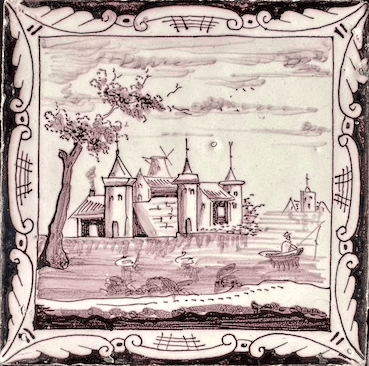 Antieke tegel C21 schilderij lijst tegel landschap - 18e-eeuws.