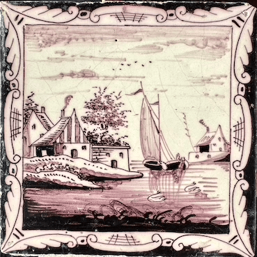 Antieke tegel C22 schilderij lijst tegel landschap - 18e-eeuws.