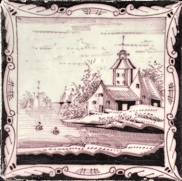 Antieke tegel C23 schilderij lijst tegel landschap  - 18e-eeuws.