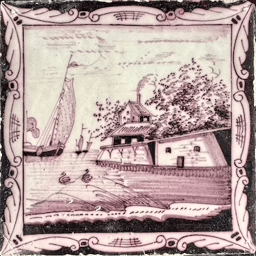 Antieke tegel C24 schilderij lijst tegel landschap - 18e-eeuws.