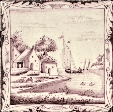 Antieke tegel C25 schilderij lijst tegel landschap - 18e-eeuws.