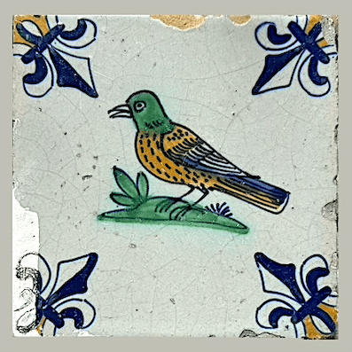 Antieke tegel No D01 Een tegel met een Polychrome Top Vogel - 17e-eeuws.