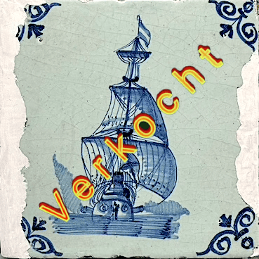Antieke tegel fraai fragment no 17 Admiraal oorlog schip 17e-eeuws.