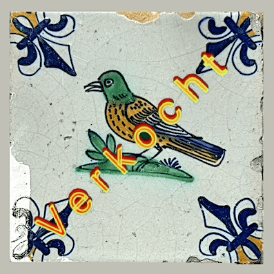 Antieke tegel no D01 Met een Polychrome Top Vogel - 17e-eeuws.